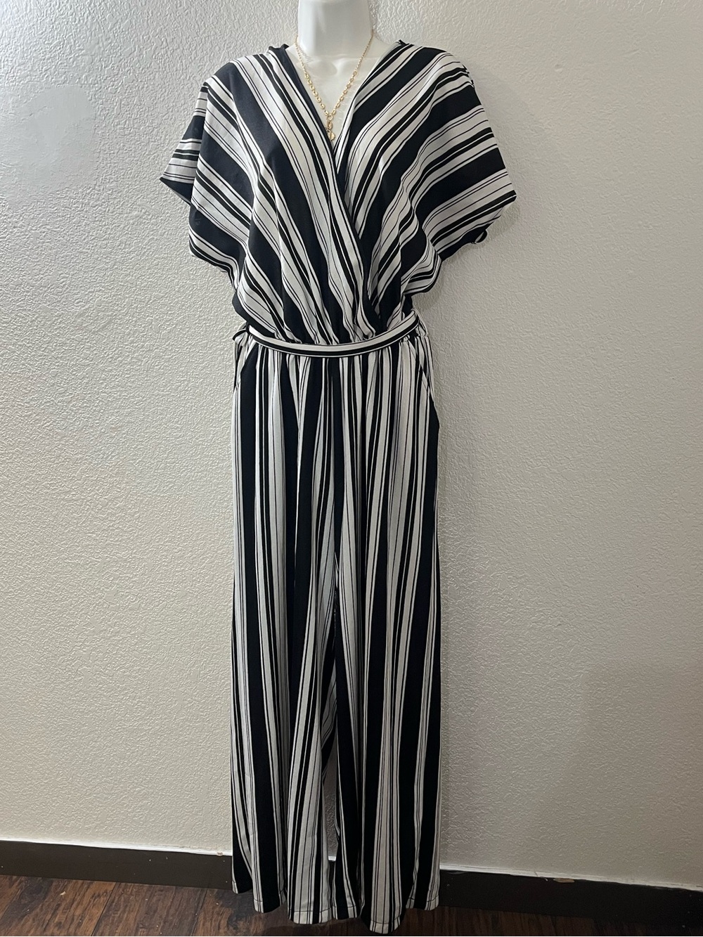 Black & White Striped V-Neck Wide-Leg Jumpsuit